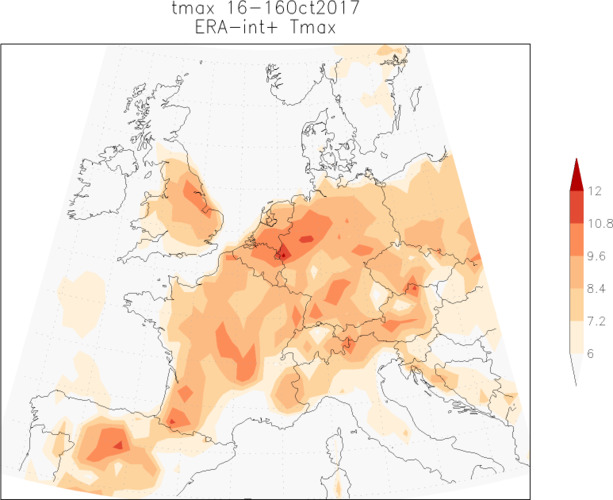 Figuur 1. Afwijking van de voorspelde maximumtemperaturen op maandag 16 oktober t.o.v. het langjarig gemiddelde. Alleen gebieden met een positieve temperatuurafwijking van 6 graden of hoger zijn ingekleurd. Bron: ECMWF.