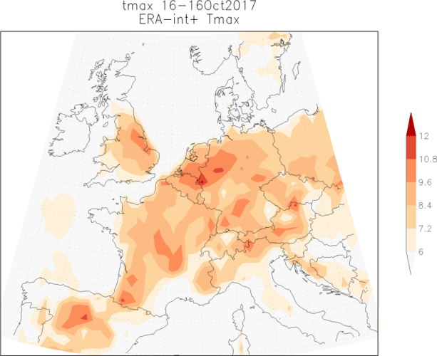 Figuur 1. Afwijking van de voorspelde maximumtemperaturen op maandag 16 oktober t.o.v. het langjarig gemiddelde. Alleen gebieden met een positieve temperatuurafwijking van 6 graden of hoger zijn ingekleurd. Bron: ECMWF.