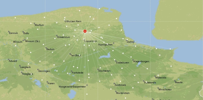 Kaart van Groningen waarop de locatie van de aarbeving en meetstations zichtbaar is