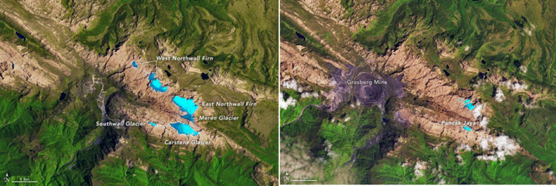 Figuur 1: Gletsjers (blauw) in het Sudirmangebergte bij Pucak Jaya, links in 1988 rechts in 2017 