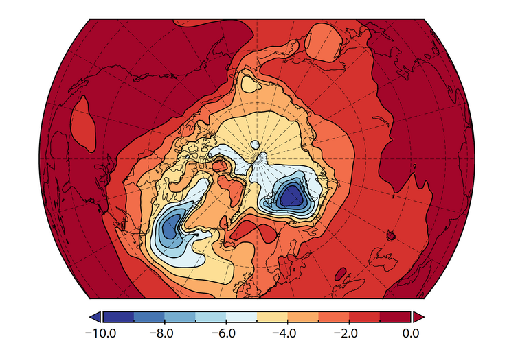 Effect van de toename (met 300%) van Arctische neerslag op de temperatuur nabij het aardoppervlak (in °C), gesimuleerd door het KNMI-klimaatmodel EC-Earth. 