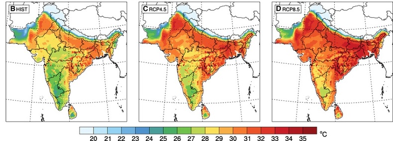 kaarten met maximale natte bol temperatuur, links voor het huidige klimaat, midden voor een gematigd scenario en rechts voor een business as usual scenario