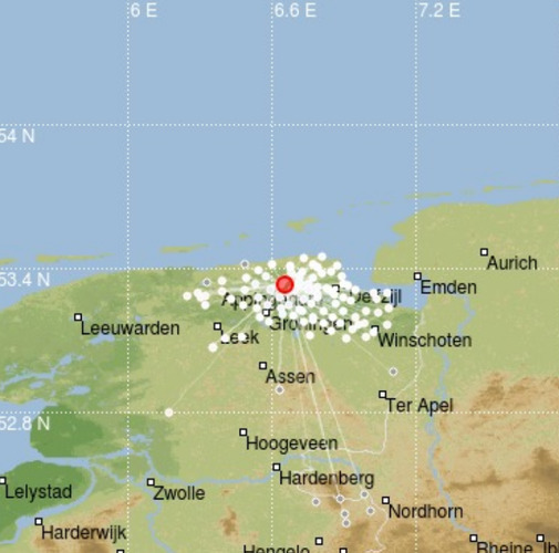 kaartje met bij de rode stip de aardbeving bij Westerwijtwerd