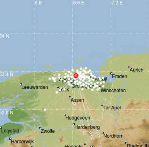 kaartje met bij de rode stip de aardbeving bij Westerwijtwerd