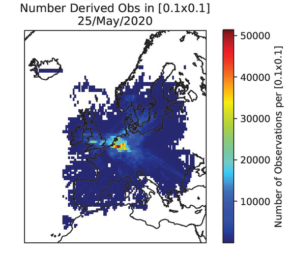 kaart met het aantal waarnemingen per dag dat door EMADDC geleverd wordt op basis van alle test en operationele vliegtuigdatastromen die door partners geleverd worden aan het KNMI
