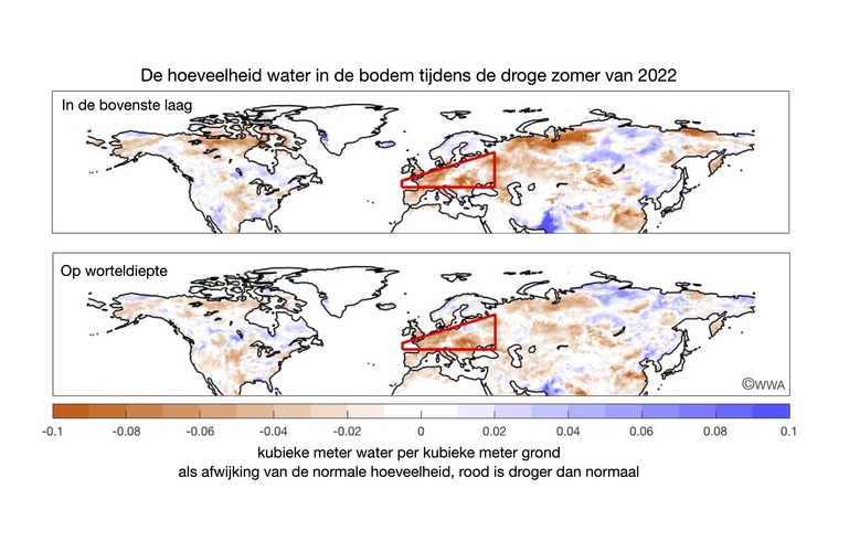 Kaart van het noordelijk halfrond met in kleur de hoeveelheid bodemwater in de bovenste paar centimeter en op worteldiepte