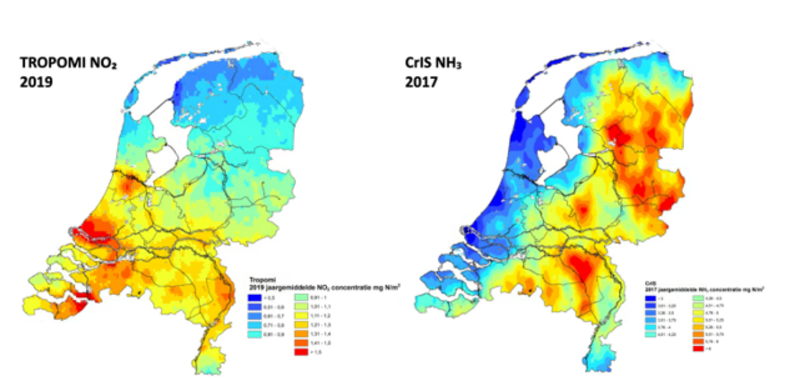 Kaartje met de metingen van stikstofdioxide door TROPOMI (links) en ammoniak door CrIS (rechts)