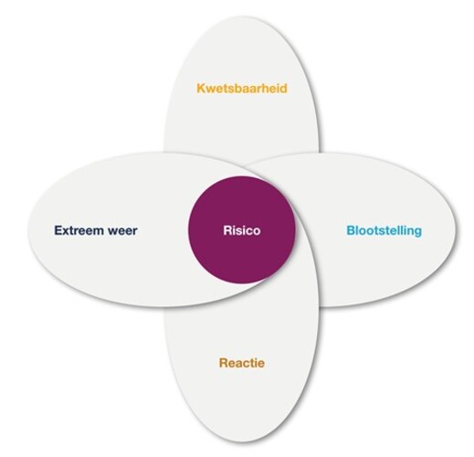 Figuur 1. Schade en verlies als gevolg van extreem weer hangt niet alleen af van het extreme weer zelf. Je loopt minder risico als je op de juiste manier reageert, zorgt dat je minder bent blootgesteld aan de gevolgen en je zorgt dat je minder kwetsbaar b