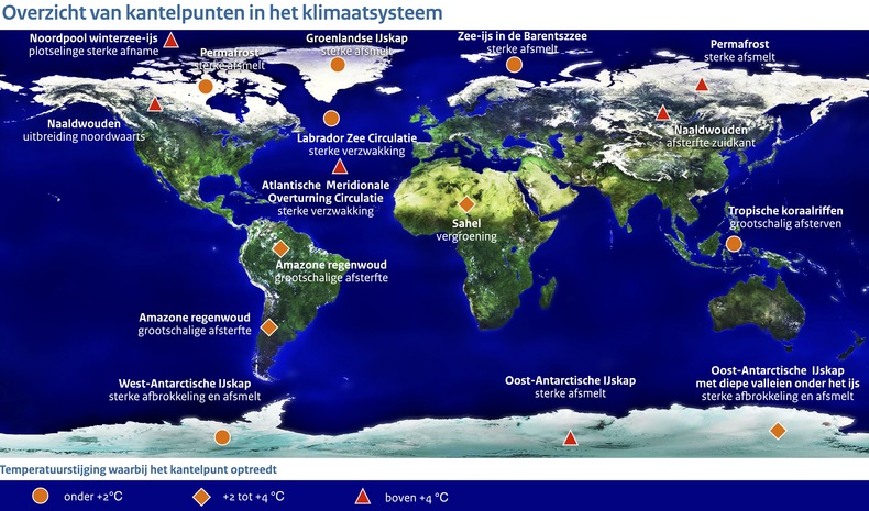 Kaart van de wereld waarop kantelpunten zijn aangegeven, gebieden waar snelle veranderingen optreden als een bepaalde wereldwijde temperatuurstijging wordt overschreden.