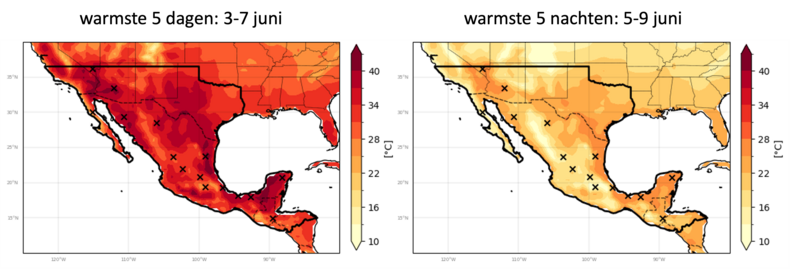 Temperatuurkaart van Mexico en omgeving tijdens de hittegolf 