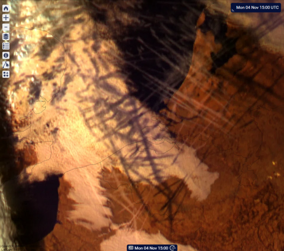 Satellietopname van vliegtuigstrepen boven de Noordzee