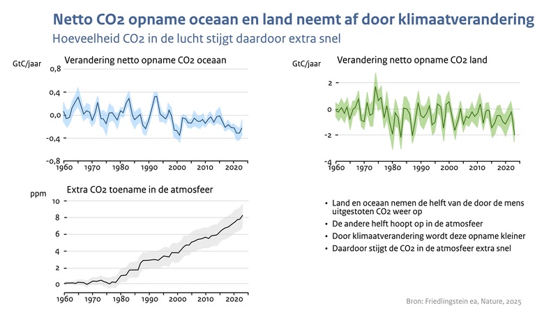 Grafieken van de netto opname van CO2 op land en in de oceaan en de extra stijging van co2 in de lucht als gevolg van een steeds kleinere opname, vanaf 1960 tot nu.