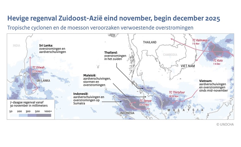 kaart van Zuidoost-Azië met in kleur de 7-daagse regenval vanaf 30 november 2025 en de positie van tropische cyclonen gedurende deze periode