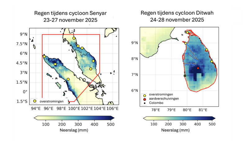 Kaartjes van Sri Lanka en Sumatra met in kleur de regenval als gevolg van tropische cyclonen november 2025