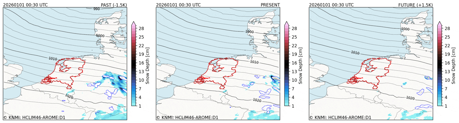 Animatie van sneeuwval en sneeuwdek in het huidige klimaat en een kouder en warmer klimaat voor de eerste zeven dagen van januari 2026