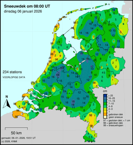 Sneeuwdek in Nederland op 6 januari 2026 om acht uur in de ochtend