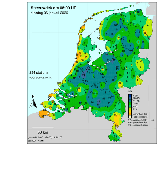 Sneeuwdek in Nederland op 6 januari 2026 om acht uur in de ochtend