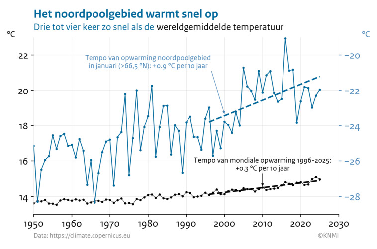 Lijngrafiek met de gemiddelde temperatuur in het noordpoolgebied en de wereldgemiddelde temperatuur vanaf 1950 tot 2026