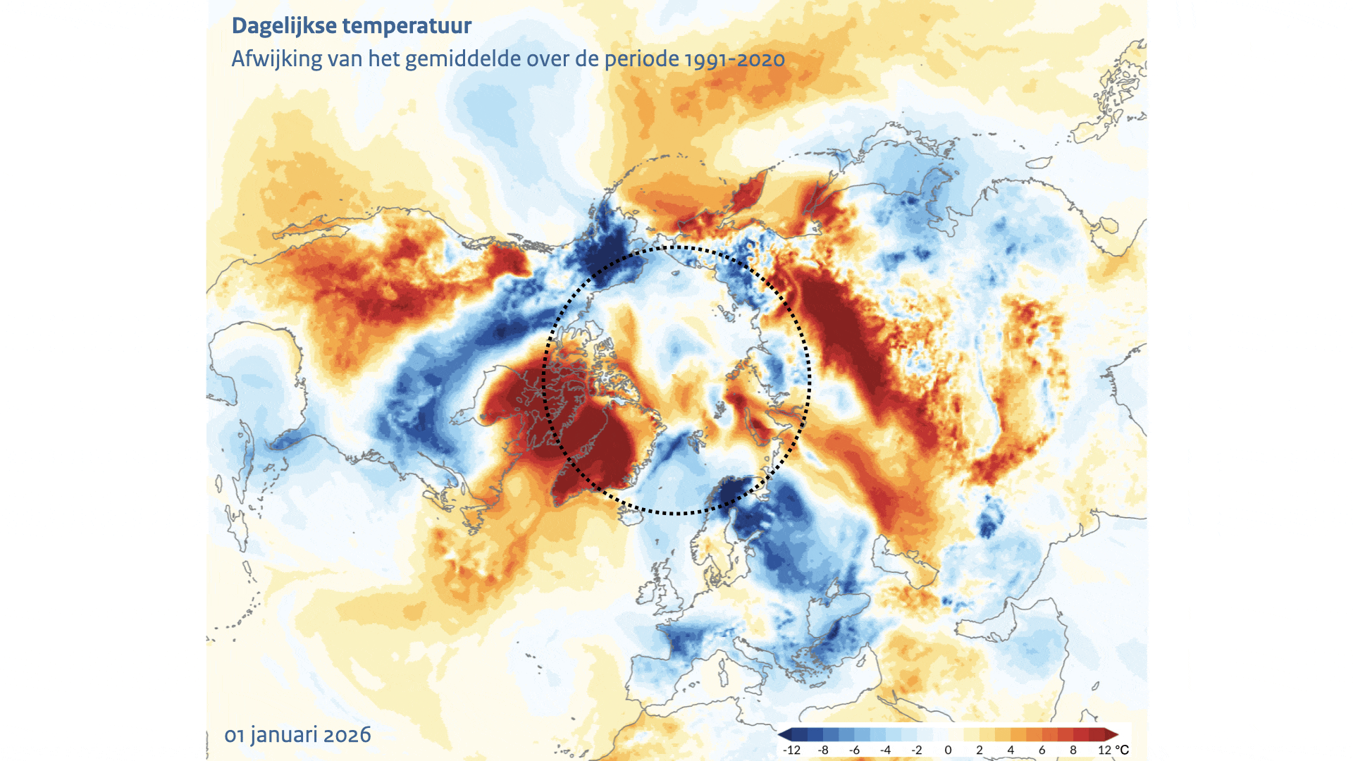 Animatie van de dagelijkse temperatuur op het noordelijk halfrond gedurende de eerste 25 dagen van januari 2026