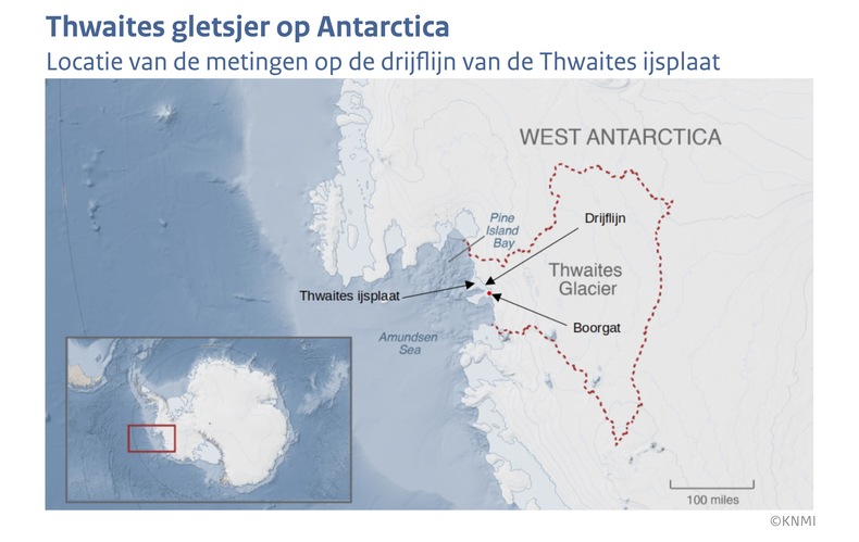 Kaart met de locatie van de Thwaites gletsjer op Antarctica