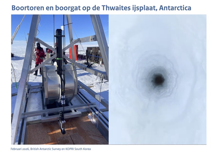 Foto's van de boortoren en het boorgat op de Thwaites gletsjer februari 2026