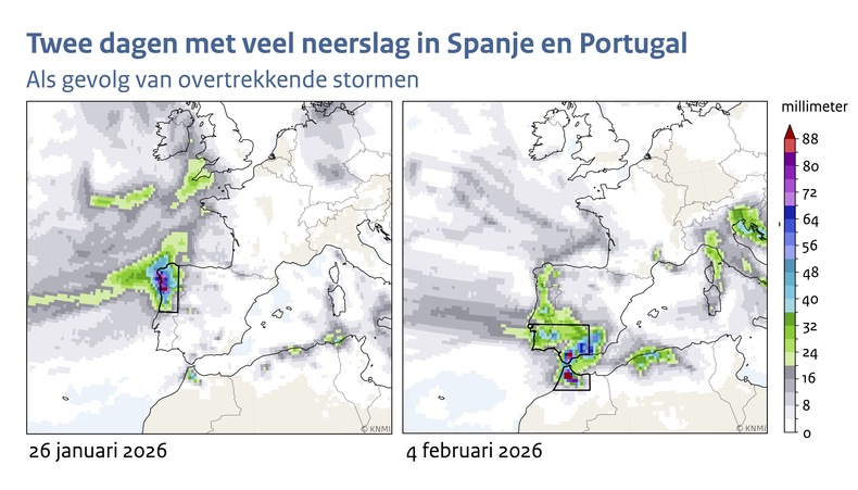 Twee kaartjes van Zuidwest Europa met de hoeveelheid neerslag in kleur op 26 januari en 2 februari 2026