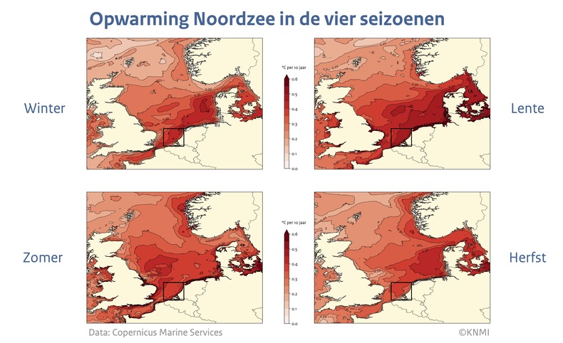 Vier kaarten met in kleur de gemiddelde opwarming per seizoen over de periode 1982-2024 in aantal graden per 10 jaar.