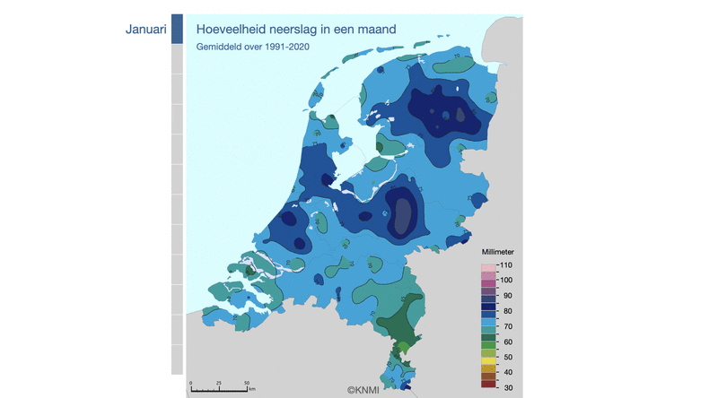 Animatie van 12 kaarten van Nederland met in kleur de neerslag per maand gemiddeld over de periode 1991-2020