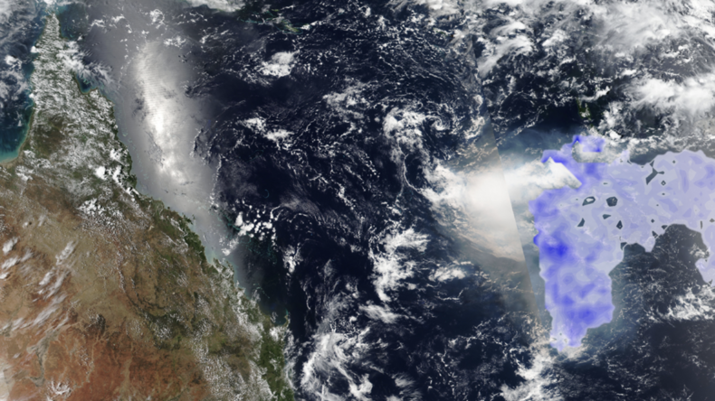Satellietopname van de Hunga Tonga uitbarsting op 16 januari 2022