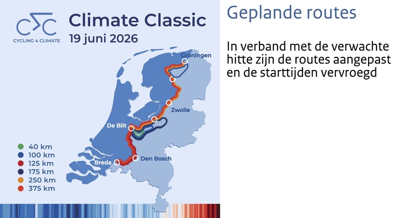Kaartje met de geplande routes van de Climate Classic 2026