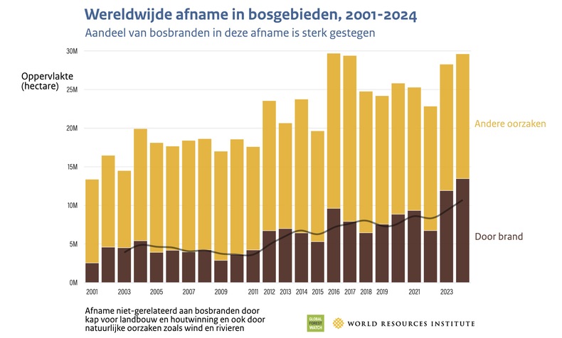 Staafdiagram met de afname in bosgebieden wereldwijd in miljoenen hectares per jaar van 2001 tot en met 2024