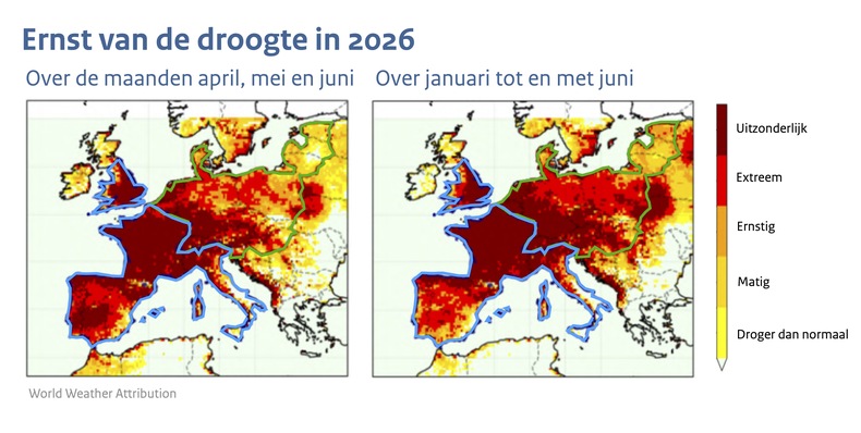 Kaartjes van Europa met in kleur de ernst van de droogte in de periode april, mei juni 2026 en januari tot en met juni 2026.