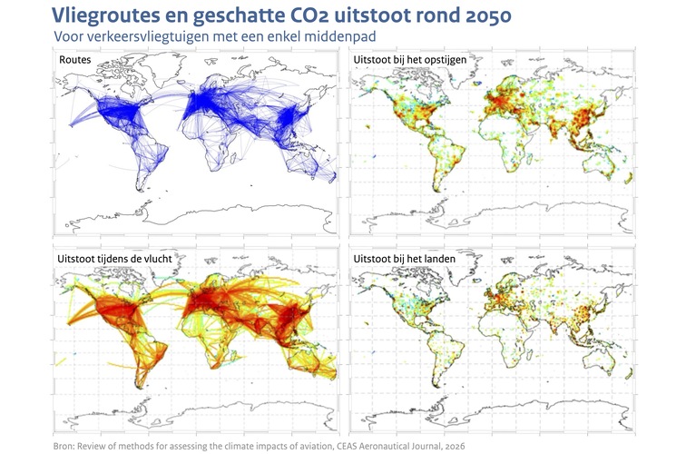 Vier wereldkaarten met de geschatte routes van vliegtuigen met een enkel middenpad en uitstoot van co2 tijdens opstijgen, vlucht en landen rond 2050
