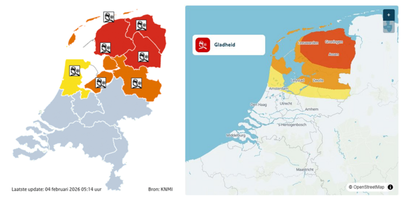 kaart van nederland met waarschuwingen voor gladheid per provincie (links) en dezelfde waarschuwing met flexibele gebieden (rechts). ©KNMI