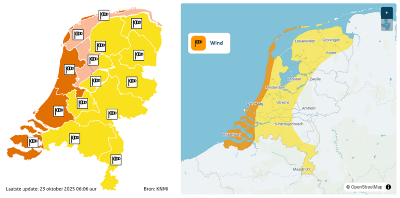 kaart van nederland met waarschuwingen voor (zeer) zware windstoten door storm Benjamin per provincie (links) en dezelfde waarschuwing met flexibele gebieden (rechts)