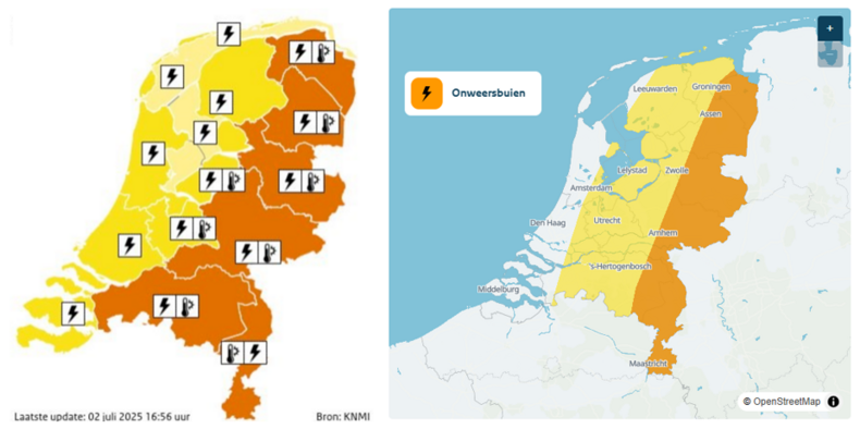 kaart van nederland met waarschuwingen voor zware onweersbuien per provincie (links) en dezelfde waarschuwing met flexibele gebieden (rechts). 