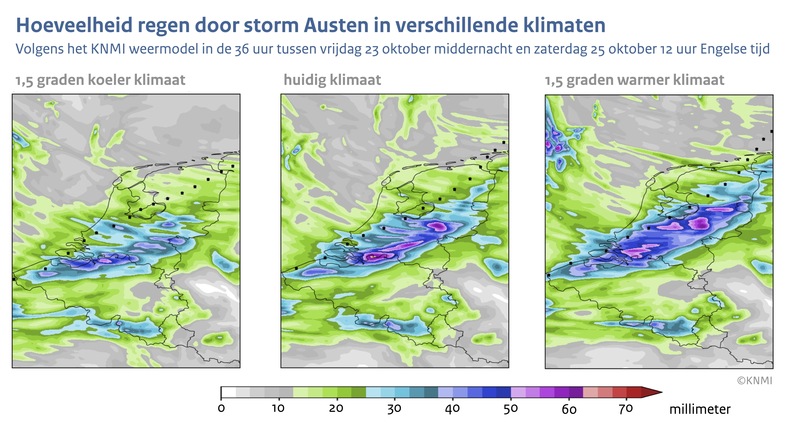 Drie kaarten van Nederland met in kleur de hoeveelheid neerslag die viel tijdens storm Austen