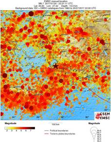 Seismiciteit in de regio in de periode 1960-2017. De huidige beving is aangegeven met een ster.