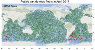 Figuur 1.  Posities van de ongeveer 4000 Argo floats in april 2017. De KNMI Argo floats zijn in rood aangegeven  (bron: KNMI en jcommops.org).