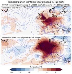 Kaart van Europa met in kleur de verwachte temperatuur aan de grond en op 1,5 km hoogte voor dinsdag 19 juli 2022.