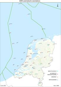 Kaart van Nederland en de Nederlandse Noordzee met daarop aangegeven de automatische weerstations