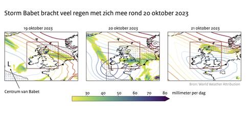 Drie kaartjes die laten zien hoe storm Babet langs Groot Brittanië trekt op 19, 20 en 21 oktober. Lijnen geven druk aan, kleuren de hoeveelheid neerslag.