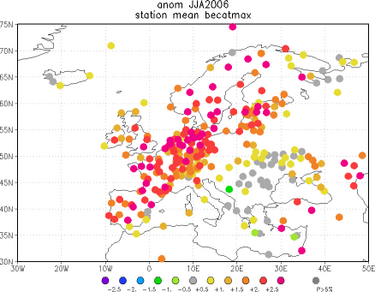 Afwijking van de gemiddelde zomertemperatuur in Europa