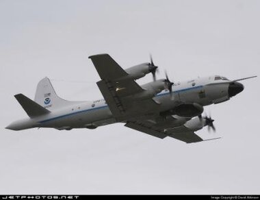 De lockheed Orion Hurricane Hunter waarmee Ad Stoffelen verkenningsvluchten uitvoerde
