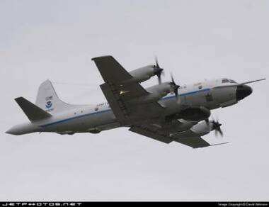 De lockheed Orion Hurricane Hunter waarmee Ad Stoffelen verkenningsvluchten uitvoerde