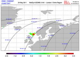 Aswolk boven de Noordzee, waargenomen door het GOME-2 satellietinstrument op 24 mei rond 12 uur. De hoeveelheid as wordt in de Absorbing Aerosol Index (AAI) uitgedrukt (Bron: KNMI)
