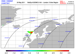 Aswolk boven de Noordzee, waargenomen door het GOME-2 satellietinstrument op 24 mei rond 12 uur. De hoeveelheid as wordt in de Absorbing Aerosol Index (AAI) uitgedrukt (Bron: KNMI)
