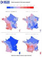 kaart met vergelijking hoogste windsnelheden stormen Frankrijk in 1976, 1990, 1997 en 1990