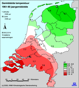 Gemiddelde temperatuur in Nederland januari-juni 2000 (kaart normaal gemiddelde 1961-1990)