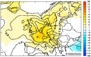 Afwijking gemiddelde temperatuur april 2007 in Europa